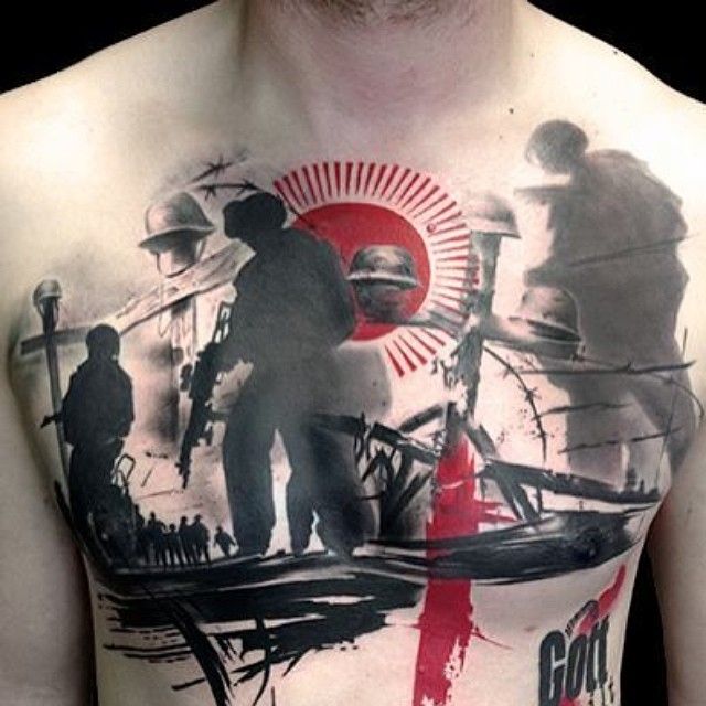 Military Tattoos's Instagram profile post: “Very interesting chest tattoo. # tattoo #tattoos #ink #infantry #silhouette #soldier #military #army #usarmy  #canadianforces #lestweforget…”