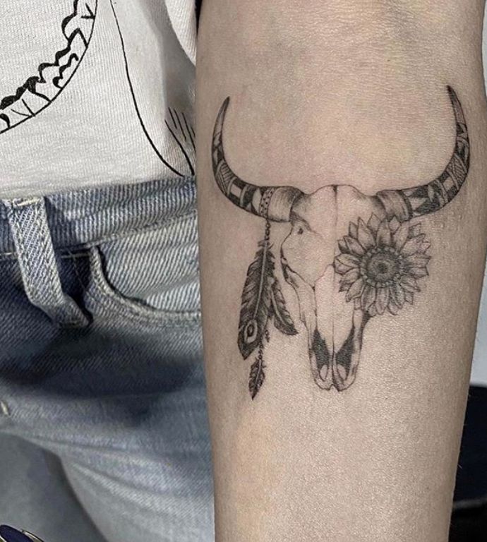 Realistic Feather, Sunflower, and Longhorn Skull Tattoo