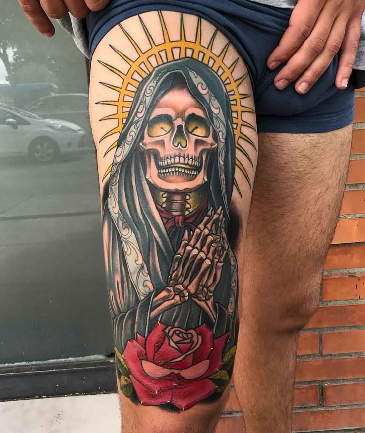Santa Muerte Tattoo on Thigh – Best Tattoo Ideas Gallery