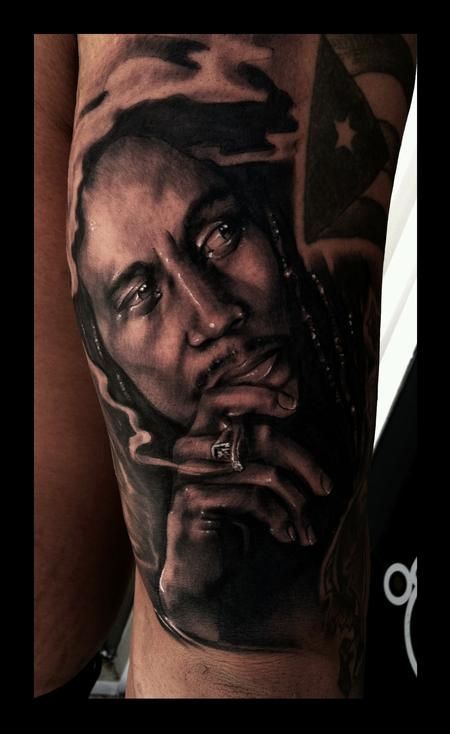Tattoos : Brent Olson : Bob Marley Black and Grey Portrait Brent Olson Art  Junkies Tattoo