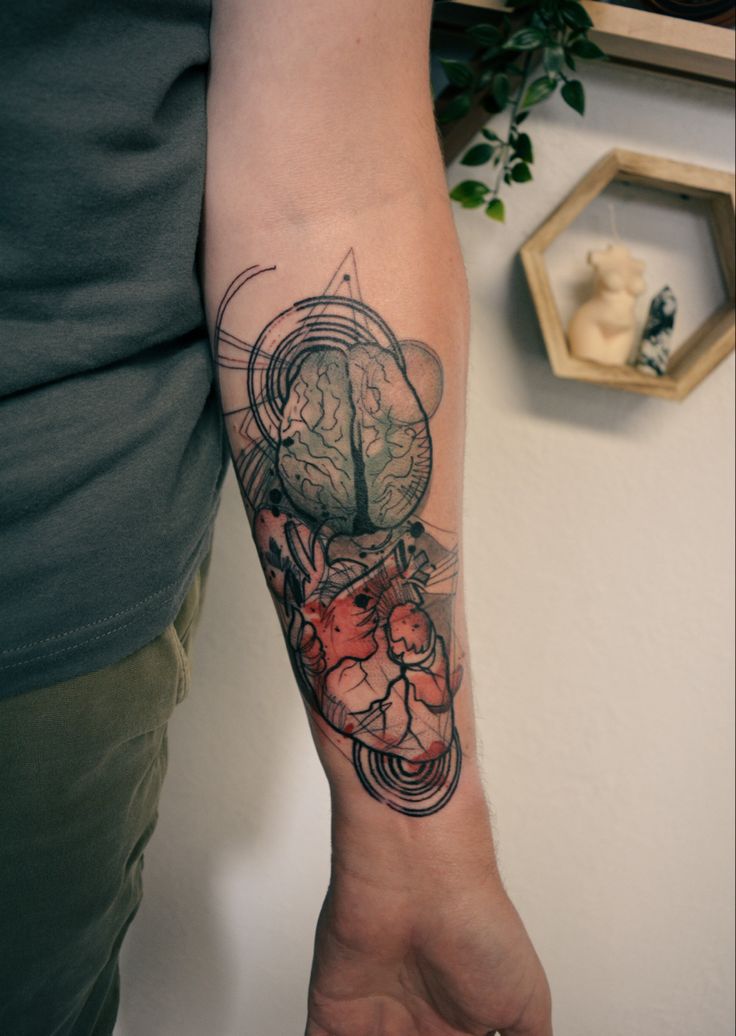 Abstract watercolor heart and brain tattoo nova Denver