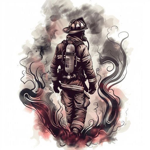 Sophisticated flat tattoo sketch of a firefighter with elegant smoke swirls