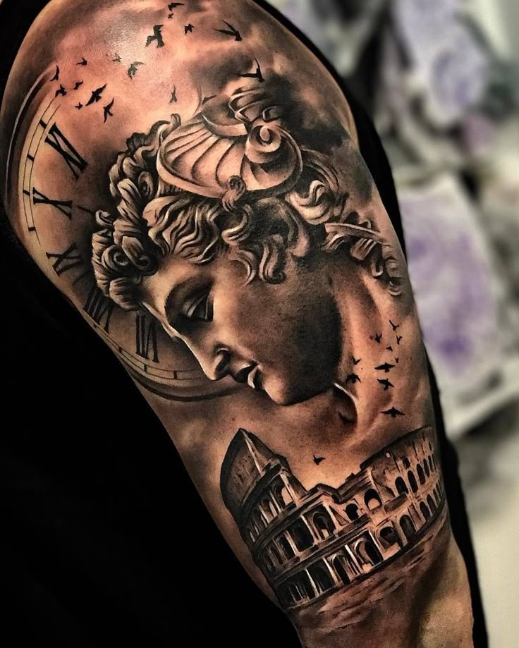 2,154 Likes, 9 Comments - TattooSnob (@tattoosnob) on Instagram: “When In  Rome by @sergiofernandeztattoo in Malaga, Spain. #rome #colosseum #clock  #numerals…”
