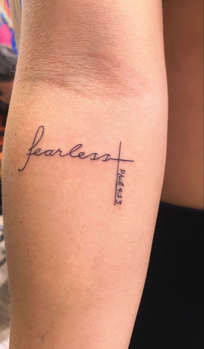 Fearless tattoo Philippians 4:13 | Below inside elbow on arm