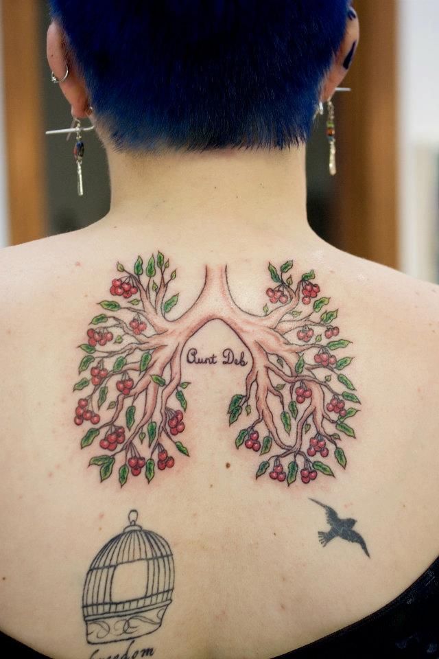 A tattoo I got for my aunt after she died. She loved cherries more than anything else, and she had a double lung transplant that ended up rejecting, that's why she died.