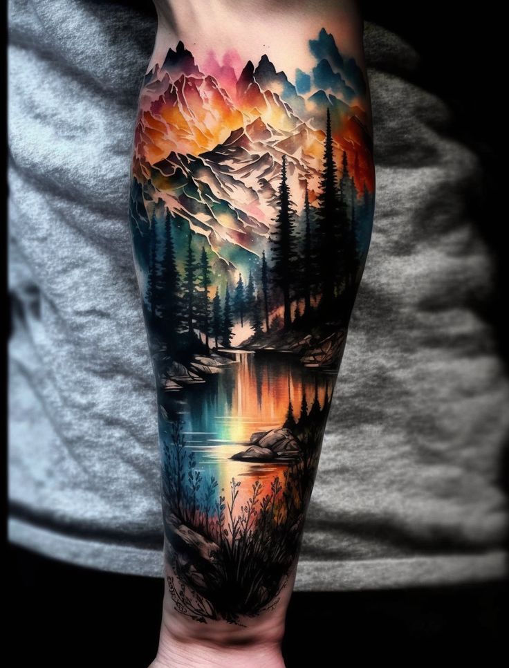 Tattoo mountains forest river sunrise in color release on the forearm