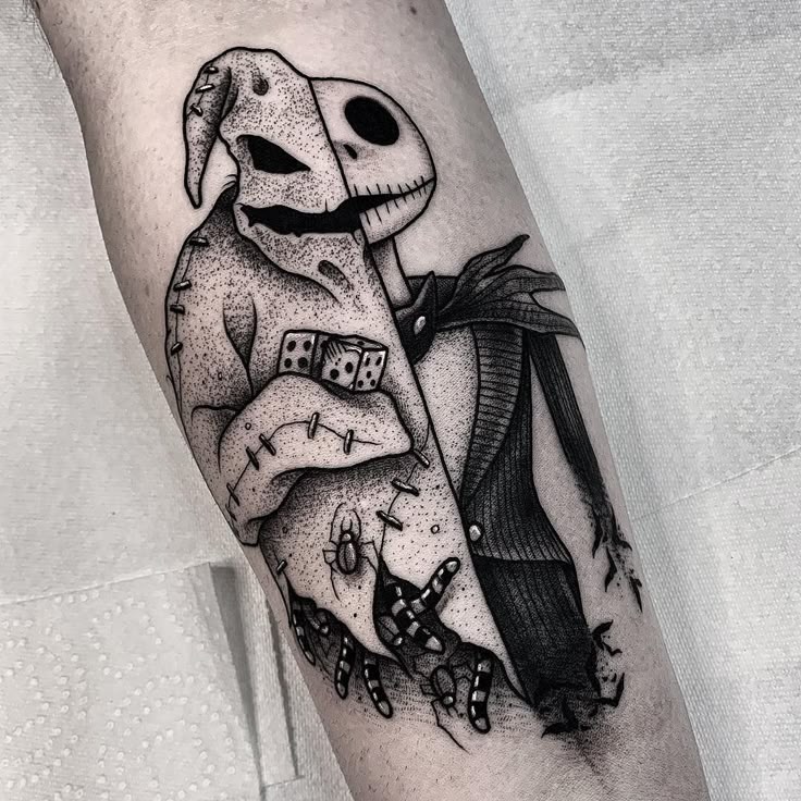 Jack/Oogie Boogie 👻🎃 Thank You! #blackcaskettattoo . . . . . #blacktattoo  #inkedmag #thedarkestwork #radtattoos #blackworkers #blackwork…
