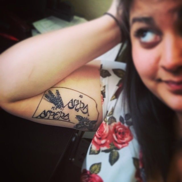 Love my new tattoo! "Ad Astra Per Aspera" (meaning, 'to the the stars through difficulties') the state of Kansas motto with a sunflower and wheat. Love love love!!!