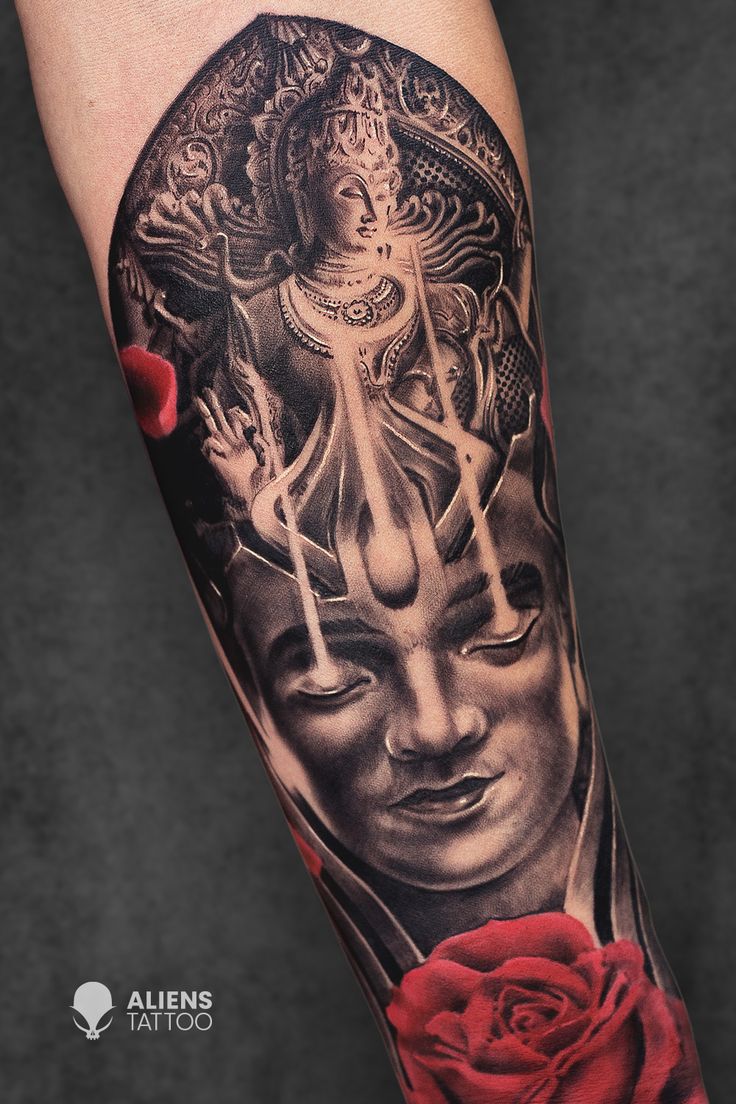 Lord Shiva Forearm Tattoo - Serene Portrait with Divine Aura & Red Rose  Accents | Aliens Tattoo