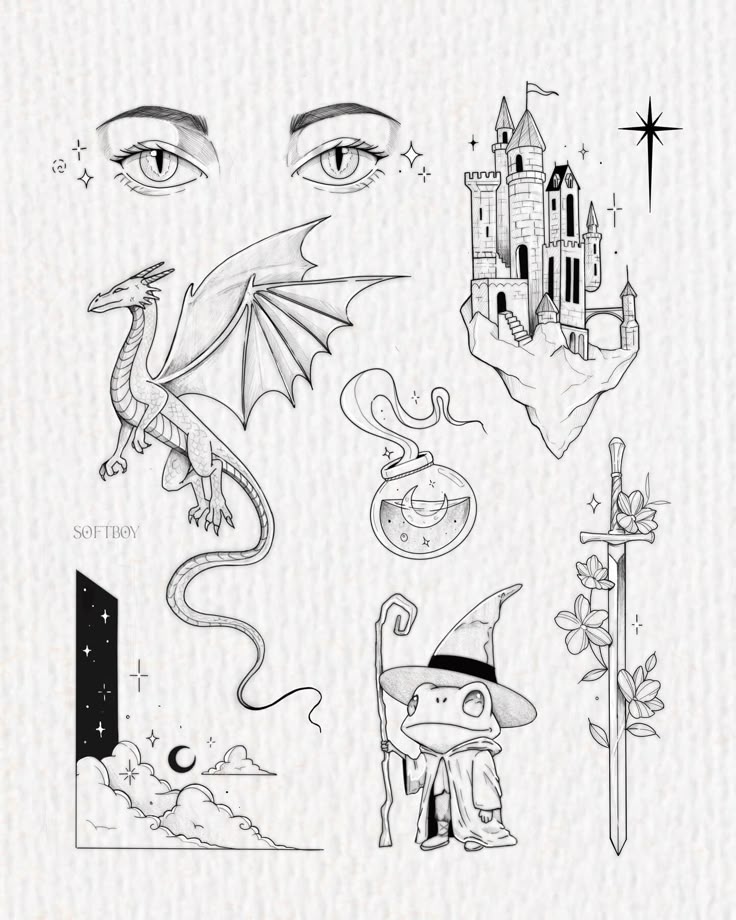 Fantasy Flash! 🧙🐸 ✨ Which one is your favourite? I'm stuck between the  castle and frog! 🤔 - #tattooflash #tattooideas #torontotattoos #darkfantasy  #tattoodesigns #torontoillustrator #tattooinspo