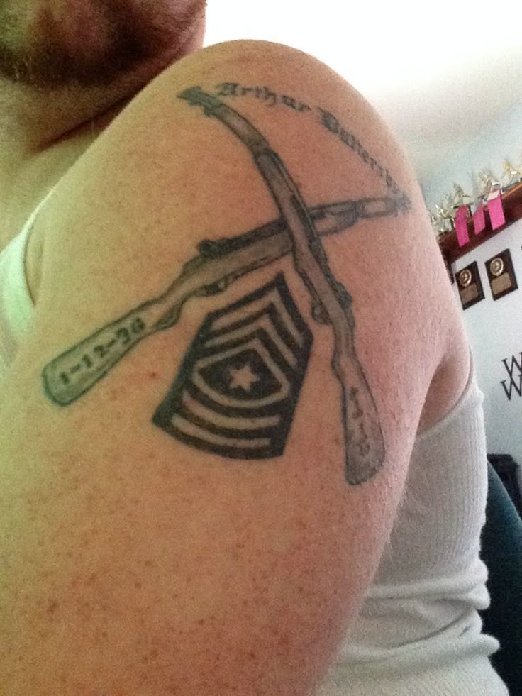 Army tattoo for grandfather. Korean War style rifle and Rank Insignia.