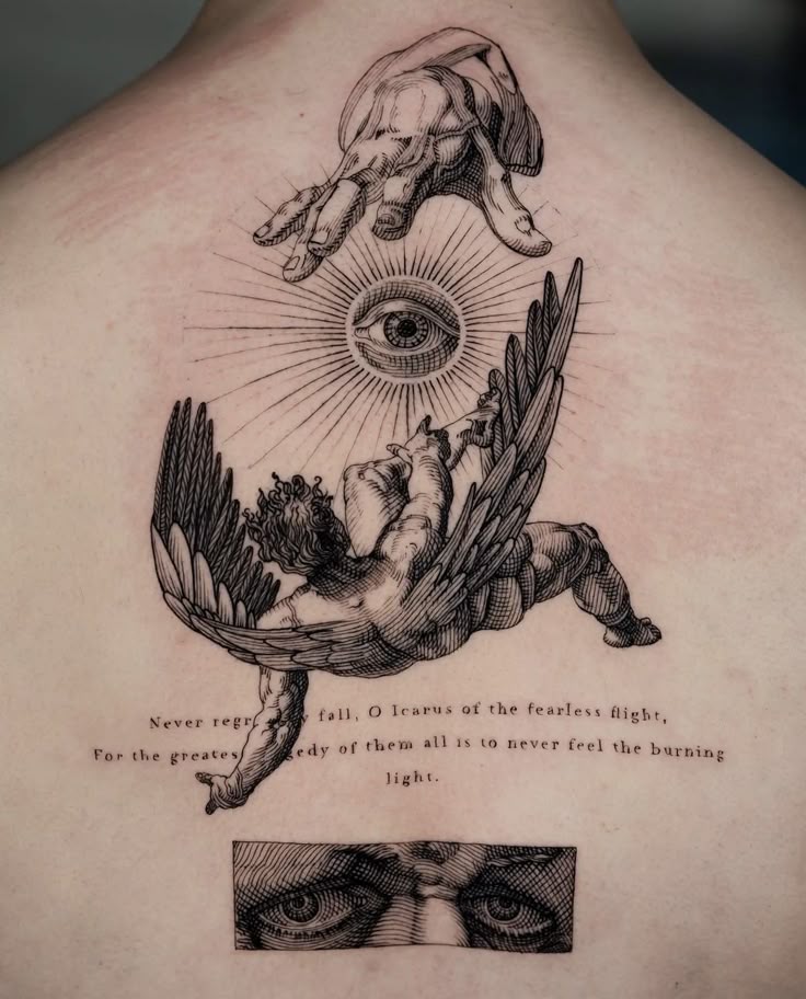 Pin by Mallory on Tattoo Ideas in 2025 | Icarus tattoo, Angel tattoo designs,  Greek tattoos