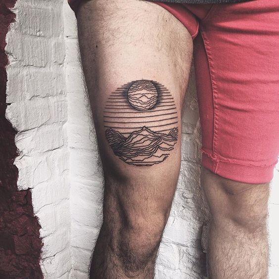 Line work landscape tattoo on the thigh | www.otziapp.com