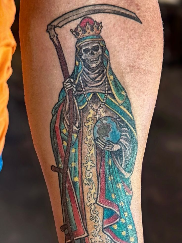Beautifully healed Santa Muerte forearm tattoo by @babyleif2.0 . . . . .  #floridatattooartist #floridatattooer #floridatattooshop #santamuertetattoo  #religioustattoo