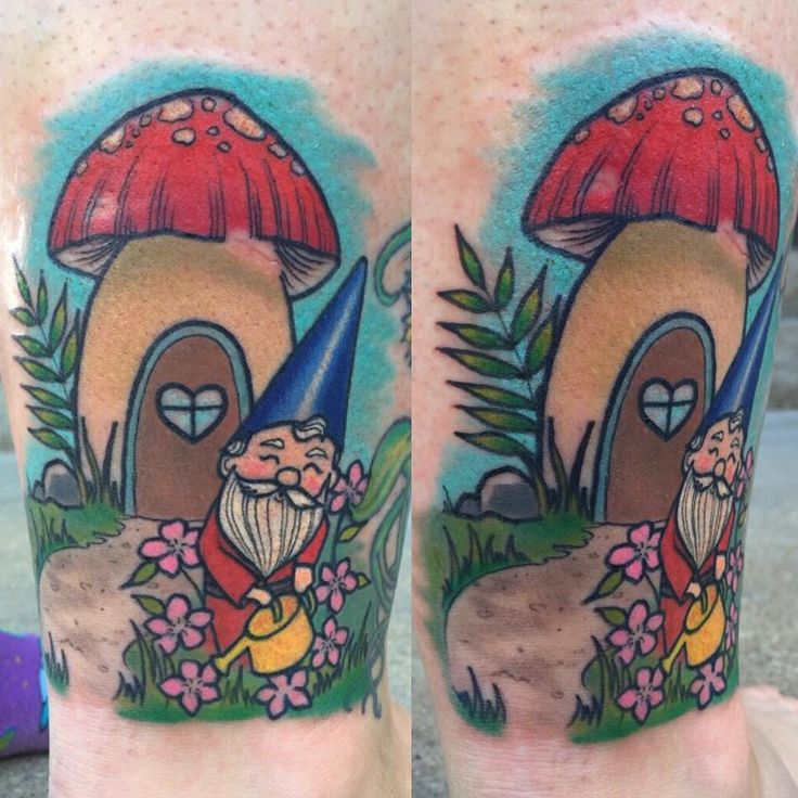 Little gnome theme tattoo I started. Client had some kitten stratchies so  we will have to fix them next time 💕✨