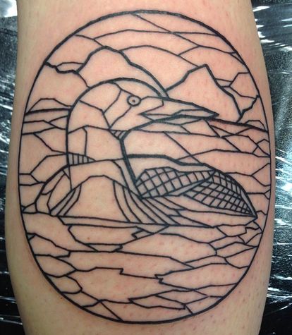 geometric loon in water with mountains by Mike Helz | Vermont Custom Tattoo  and Piercing - tattoovt.com