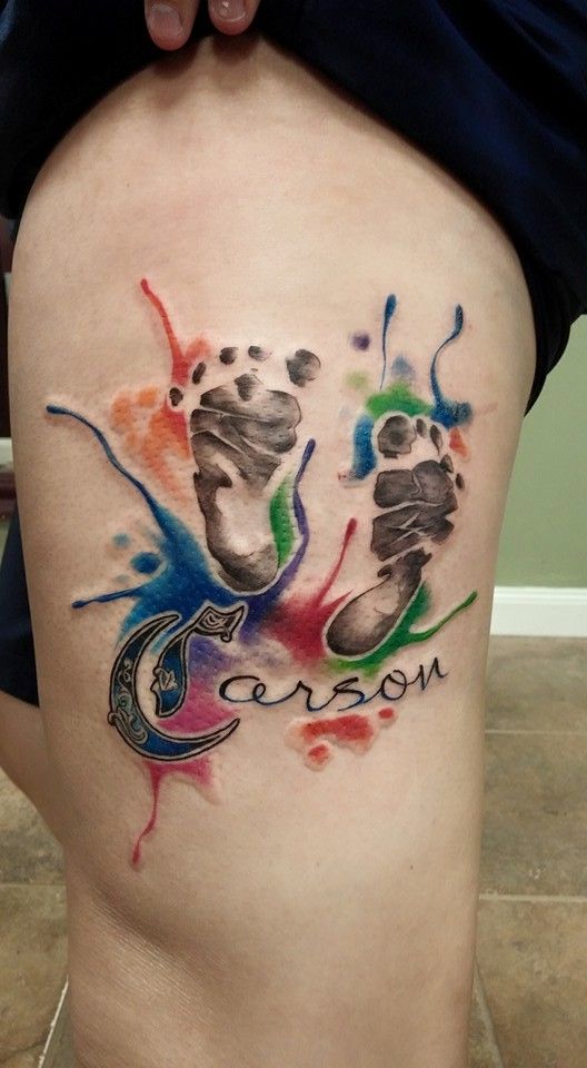 My wonderful tattoo of my babies feet! I love the watercolor splashes of  color and the color in his name! It is simply perfect! Done at Catalyst Art  Collective in Independence, MO