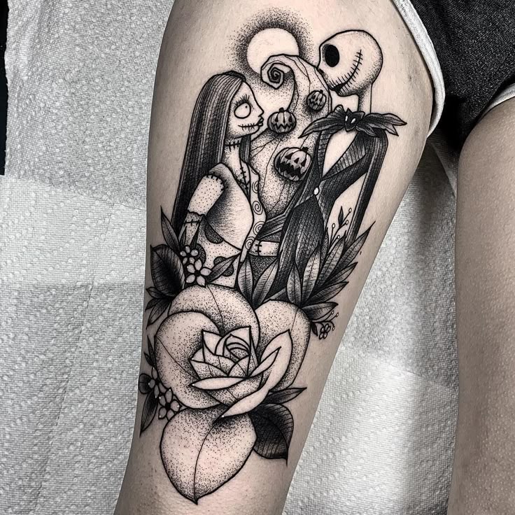 Jack and Sally 🎃#blackcaskettattoo . . . . . #blacktattoo #inkedmag  #jetblacksupply #radtattoos #disneytattoo #blackcl… | Sleeve tattoos,  Christmas tattoo,