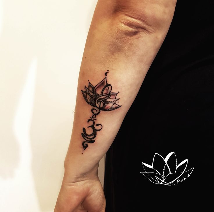 Forearm lotus and Sanskrit Breath symbol Tattoo