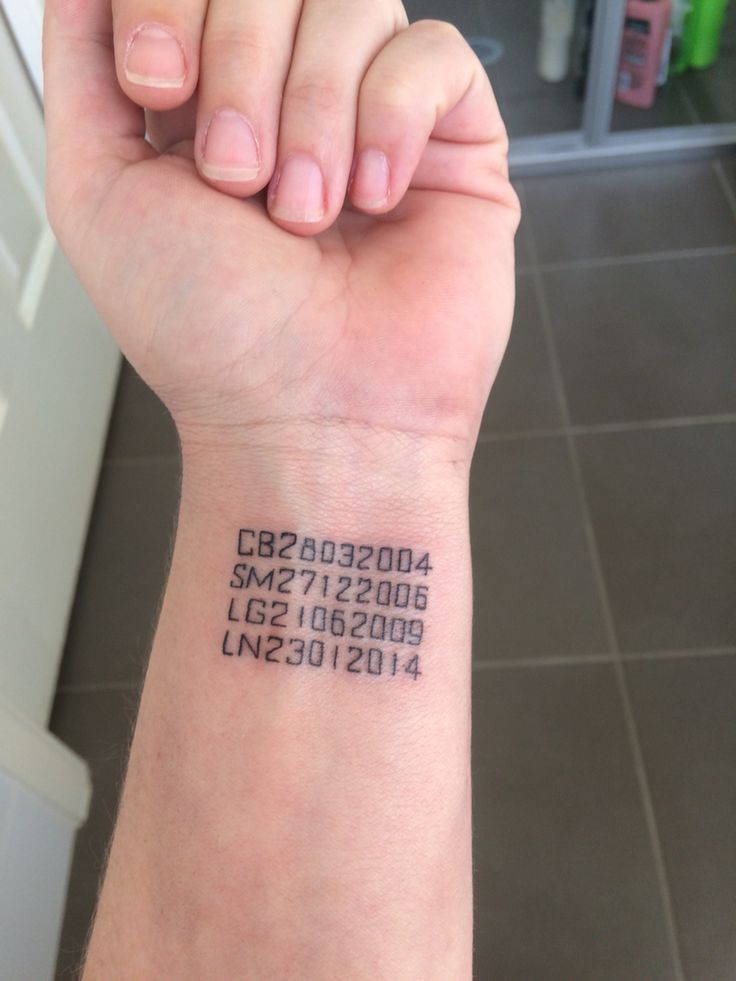 Children's first 2 initials and dates of birth in a barcode format