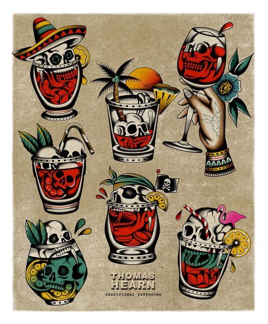 Thomas Hearn on Instagram: "Last orders cocktail club 🍹 These skull  cocktails are definitely one my favourite things to tattoo. Thanks to  everyone who's picked up one of these so far. Let