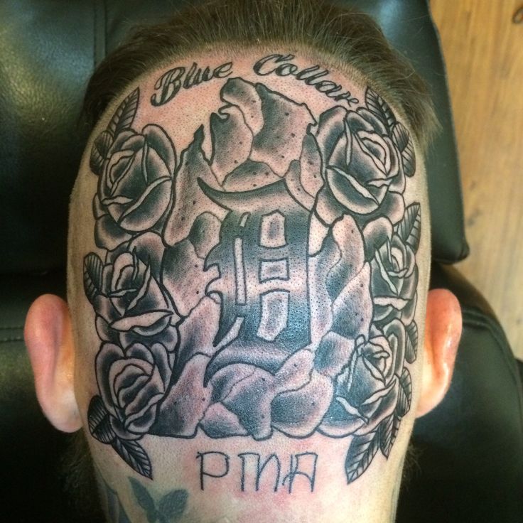 Michigan head traditonal tattoo by tattoosbyloaf, detroit tattoo, tattoos by loaf, black and grey tattoo