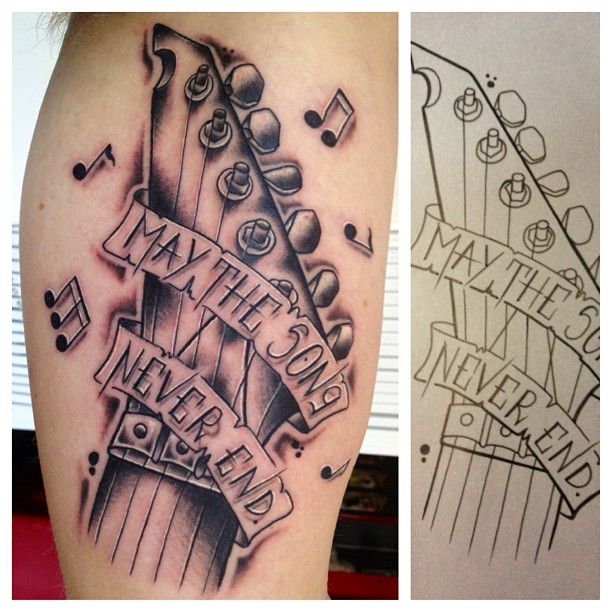 Awesome guitar tattoo. Great shading... bet it hurt! Photo by munkytattoo.  For more guitar related articles, visit www.guitarjar.co.uk