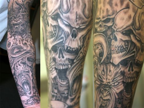 grey-evil sleeve Tattoo | www.facebook.com/FlamingArtTattoo/…