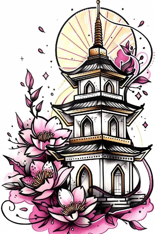 dot work style tattoo A pagoda standing tall amidst 2