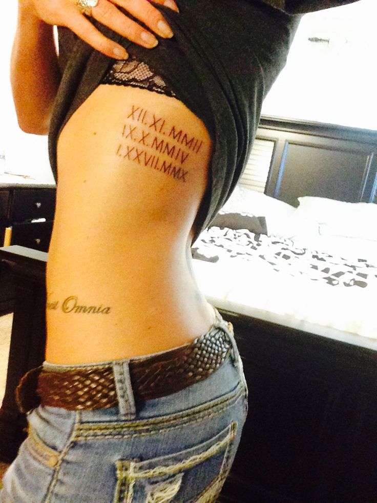My children's birthdates inked in Roman numerals.
