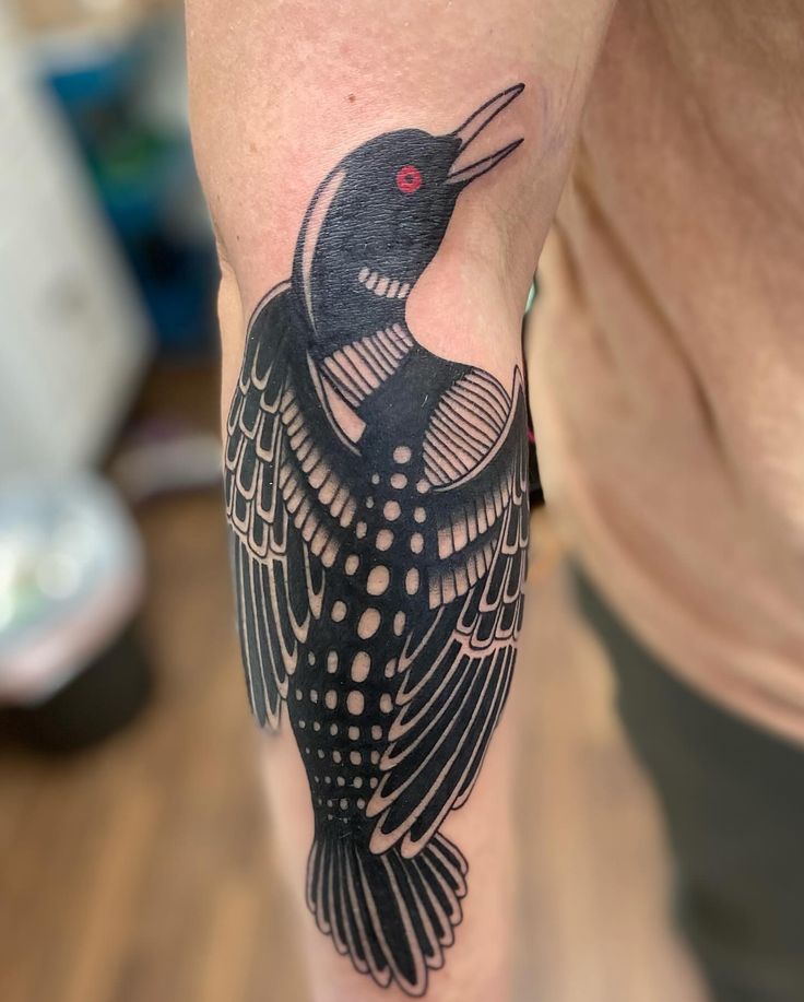 Black and Gray Red Eyed Duck Arm Tattoo