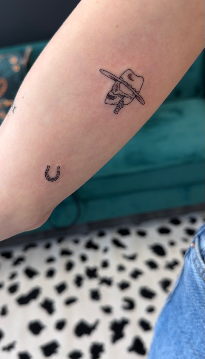 Sticker sleeve tattoos, small horseshoe tattoo, cowboy tattoo