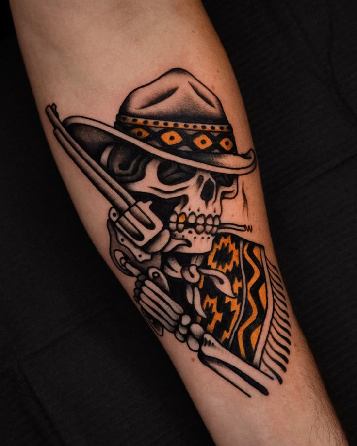 Dead skeleton cowboy tattoo traditional wild west