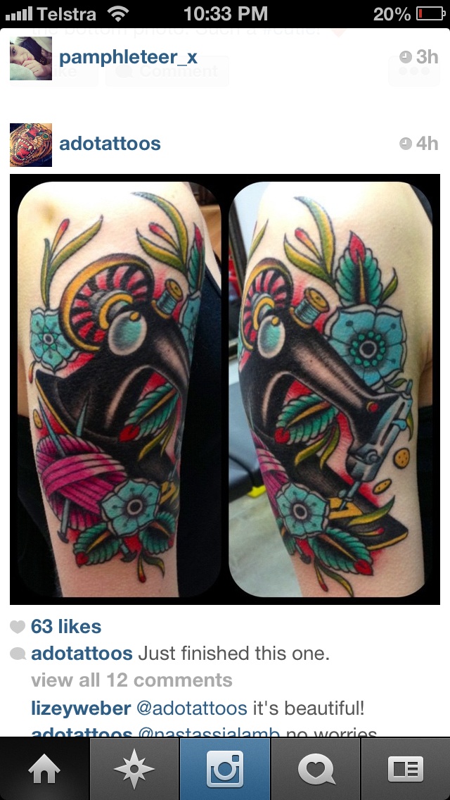 Sewing and knitting tattoo on Nastassjalamb. Tattoo by Ado