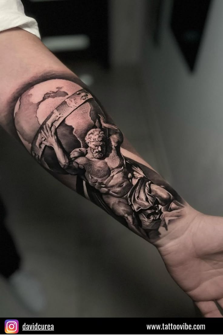A realistic Atlas tattoo on the forearm