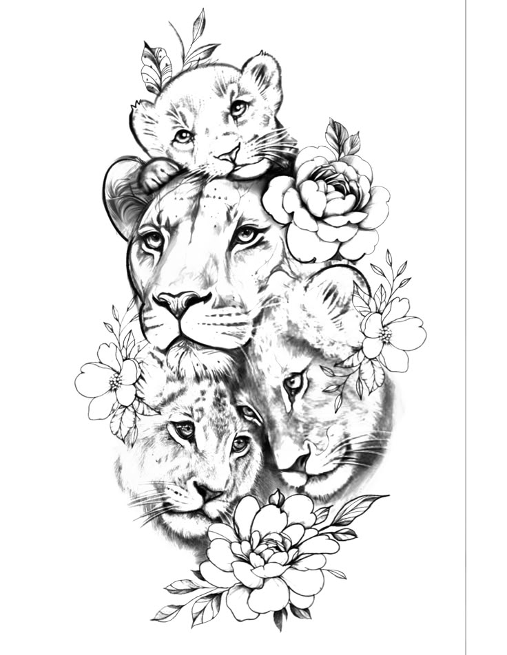 Lion Mother with Babies Tattoo