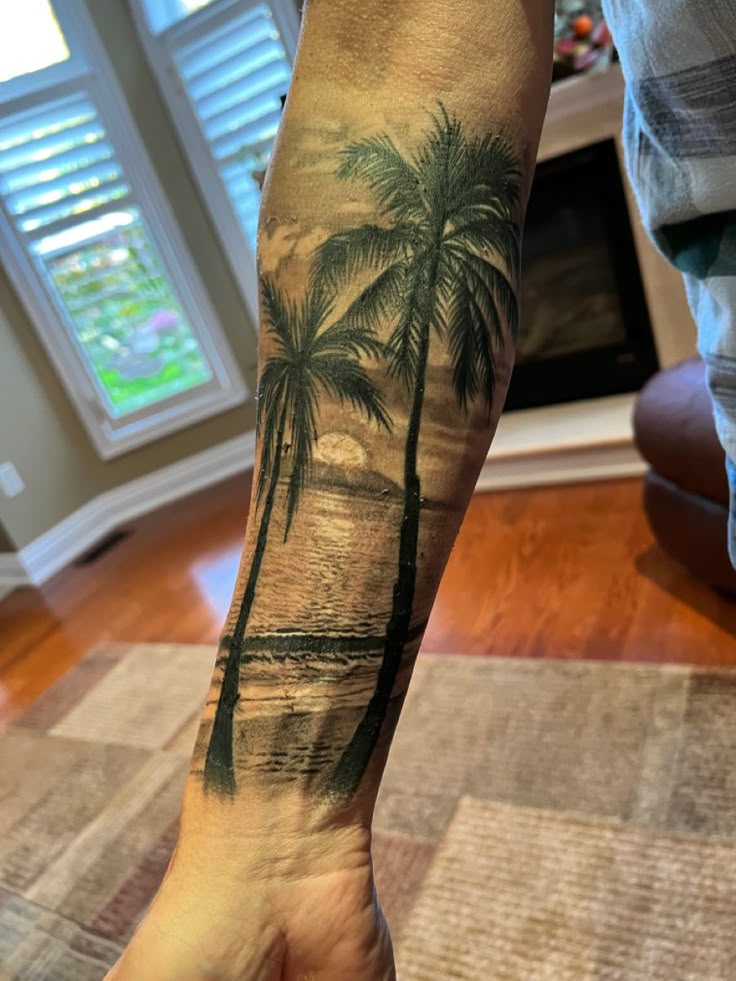 Caribbean Vibes Tattoo | Beach tattoo, Cool forearm tattoos, Palm tattoos