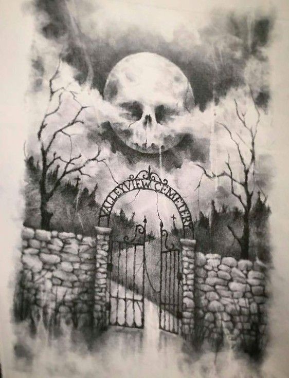 Gate Tattoo Design with Skull and Trees