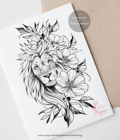Lion & Flowers Tattoo Design | Instant Download | Original Print| Graphic  Drawing - Etsy