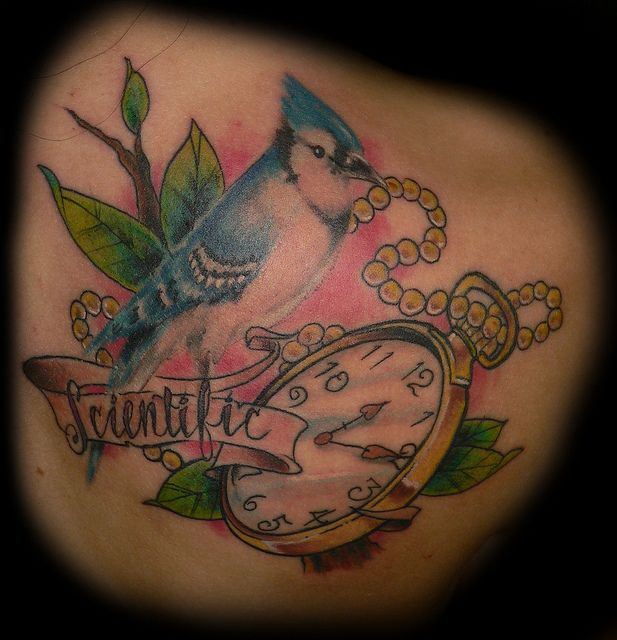 Blue Jay with Pocket Watch Tattoo
