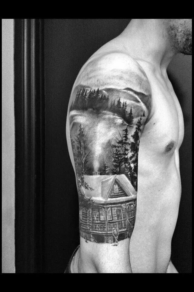 Black and grey rustic cabin outdoors tattoo...Something like this would be  so cool but of the farm