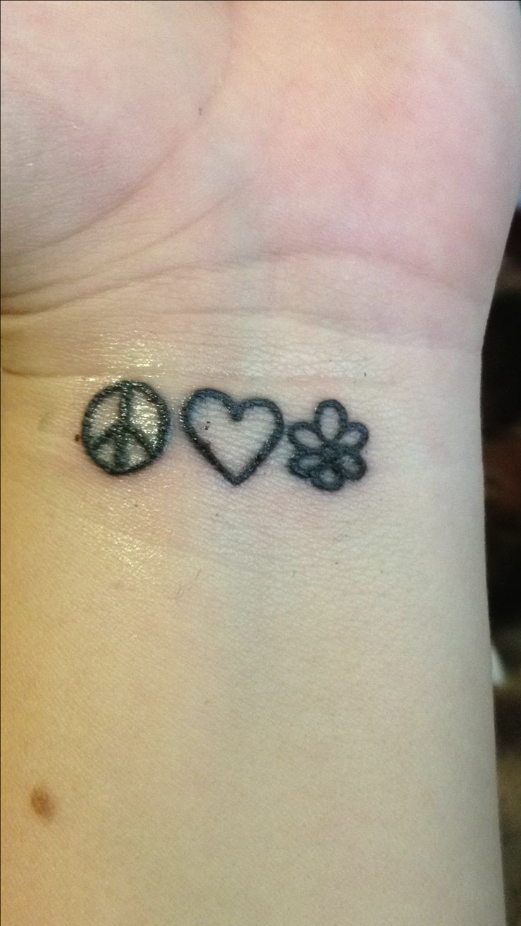 My wrist tattoo! Peace, love, & happiness #tattoo #wrist #peace #love  #happiness #peacesign #heart #flower #blackink