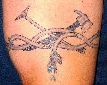 Firefighter tattoo-get rid of the hoses and add a maltese cross with the  axe and halligan!