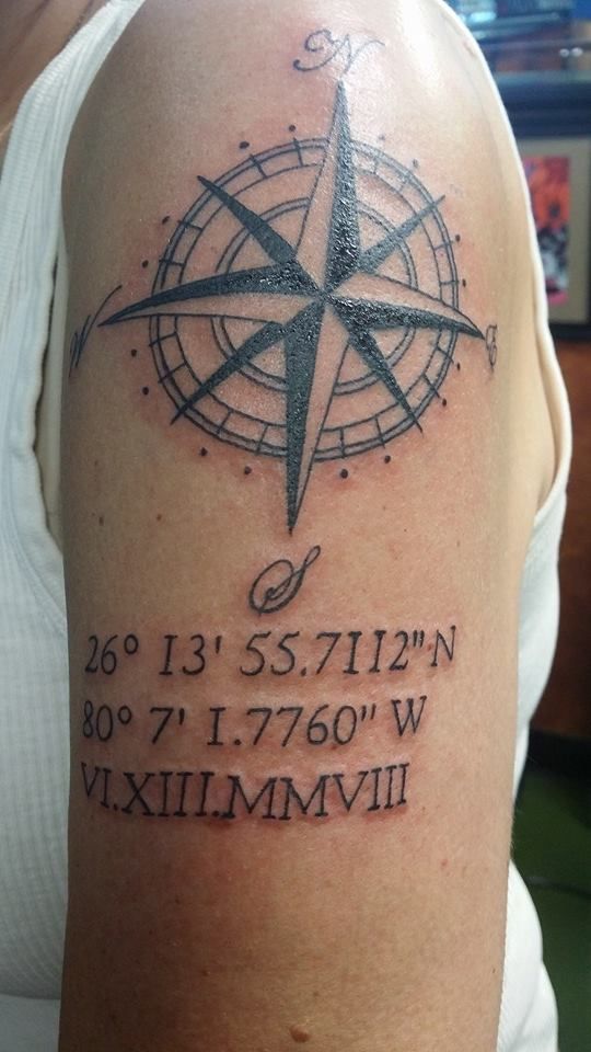 Compass Rose Tattoo with our Chapel coordinates and wedding date.