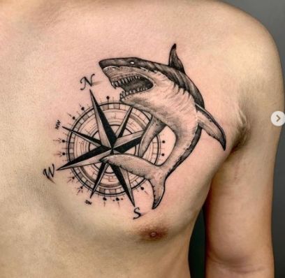 Shark & Compass Tattoo On Chest: 34 Significant And Unique Compass Tattoo  Designs And Ideas