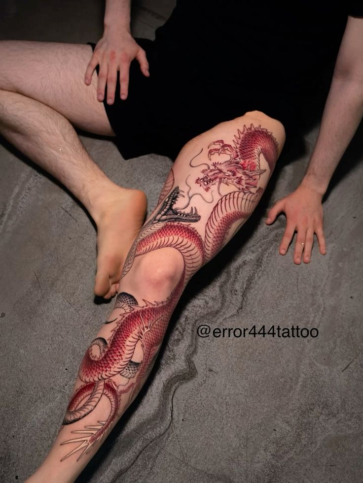 Full Leg Tattoo – Dragon vs. Serpent 🐉🐍