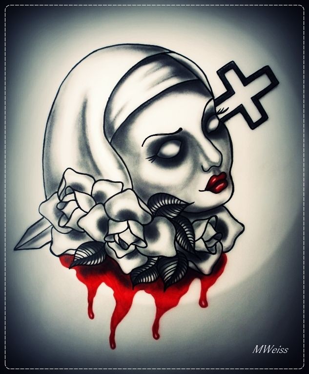 bleedning nun with roses tattoo flash by MWeiss-Art