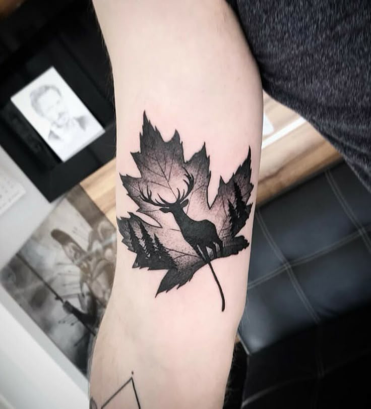 Black Ink Deer Maple Leaf Tattoo Designs: 41 Best Maple Leaf Tattoo Designs That Will Blow Your...