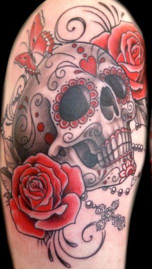 No butterflies, but I do like the added rosary New Ink | tattoos picture sugar  skull tattoos