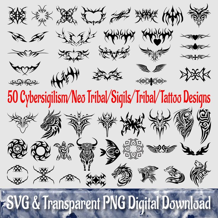 Cybersigilism Tattoo Art: Neo-Tribal SVG PNG Bundle (50 Designs)